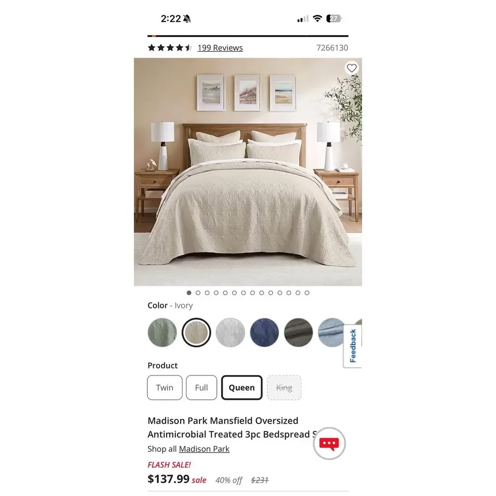 NEW! Madison Park Mansfield Queen Size Ivory 3pc Bedspread Set